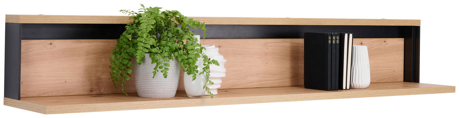 Wandboard aus Holz mit schwarzem Akzent, dekoriert mit Pflanzen und Büchern, seitliche Perspektive
