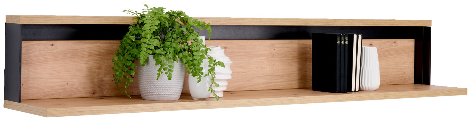 Houten wandplank met zwarte accenten, versierd met planten en boeken, zijaanzicht