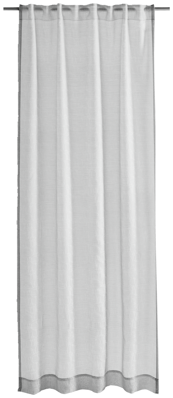 Grauer Vorhang mit Allover-Ornamentmuster, frontal aufgenommen