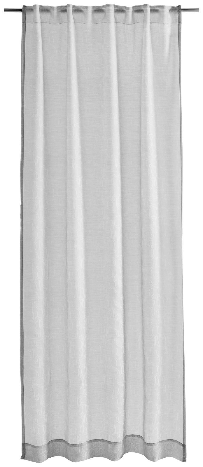 Grauer Vorhang mit Allover-Ornamentmuster, frontal aufgenommen