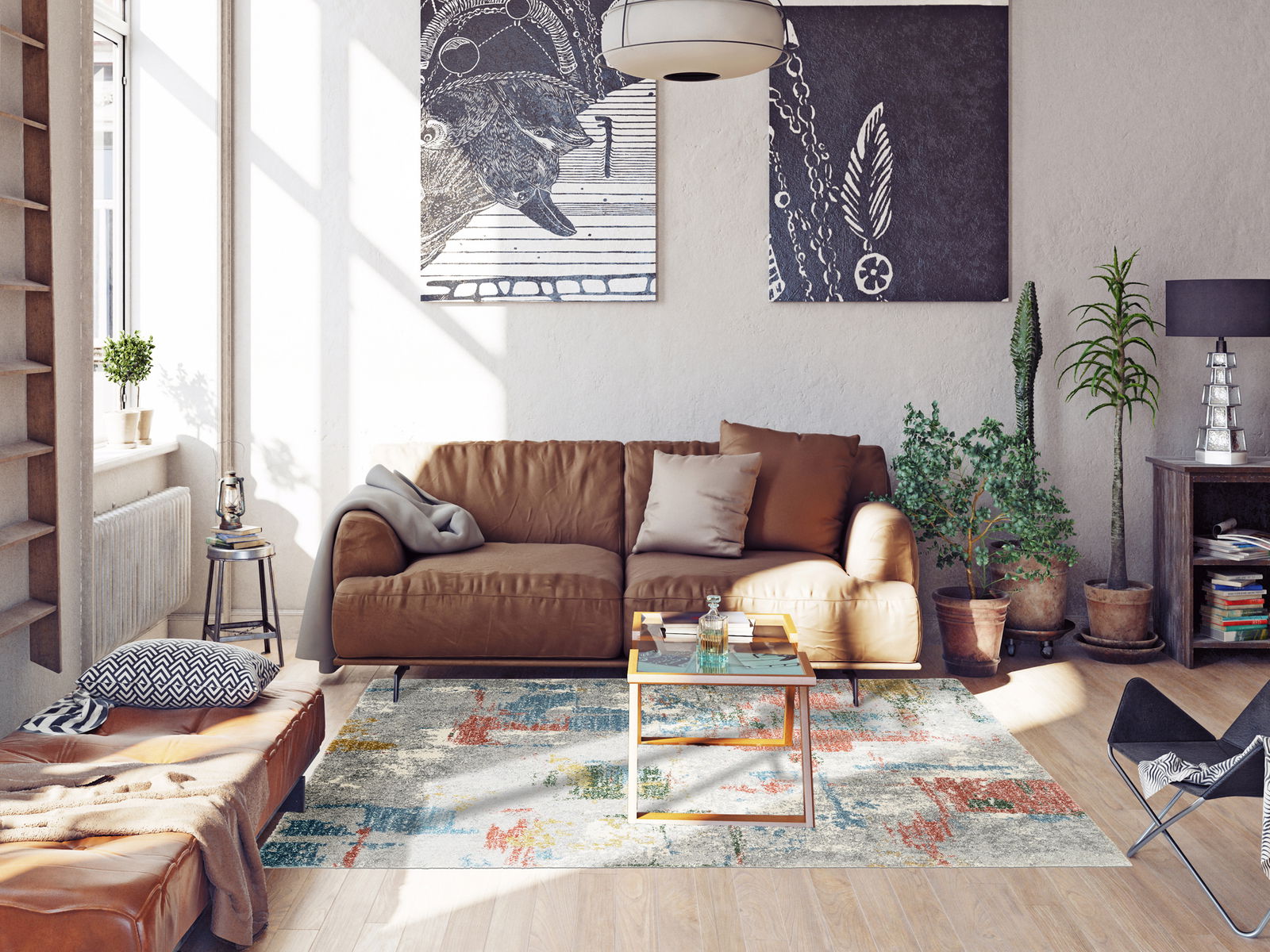 OCI Frisé-Teppich NEW VILLA Moderner Wohnraum mit einem bunten Frisé-Teppich in einer gemütlichen Sitzecke, Perspektive von vorne.