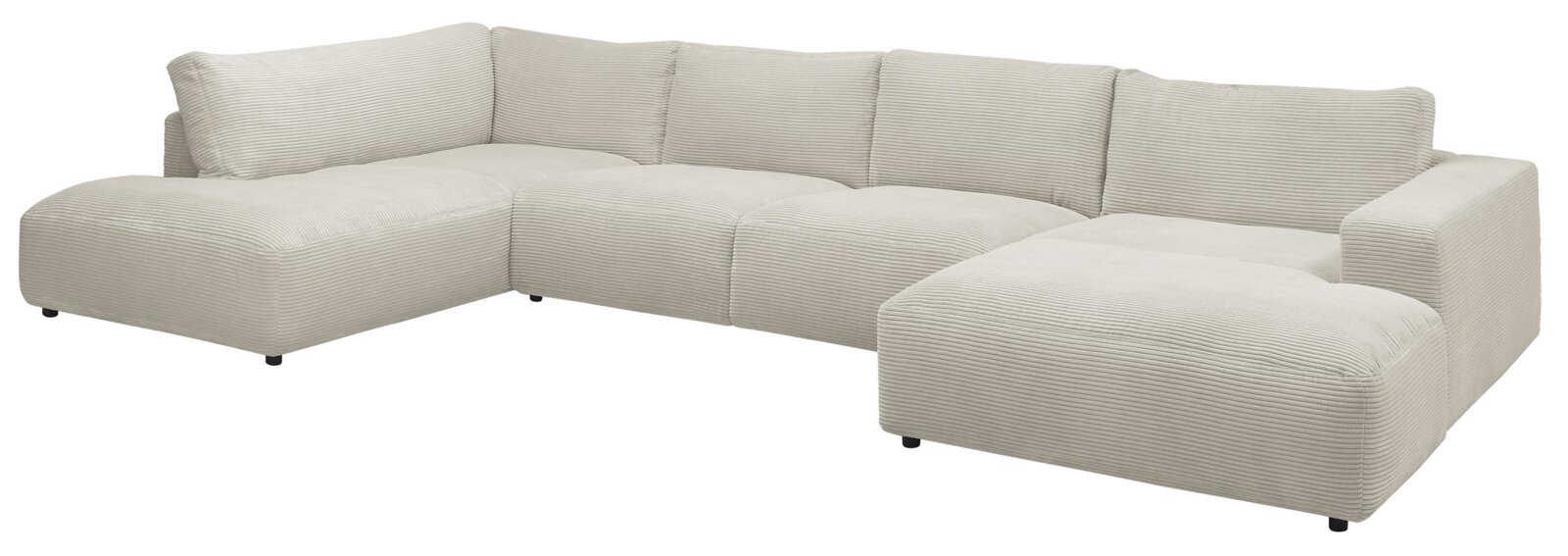 Große, beige Polsterrundecke in L-Form aus weichem Stoff, perspektivisch von vorne links fotografiert.