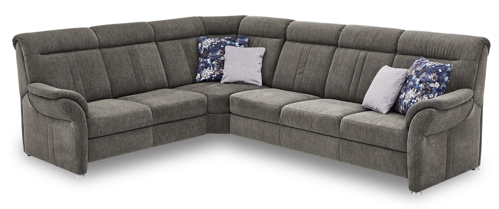 Graue Polsterrundecke mit zwei gemusterten und zwei einfarbigen Kissen, Perspektive von vorne links