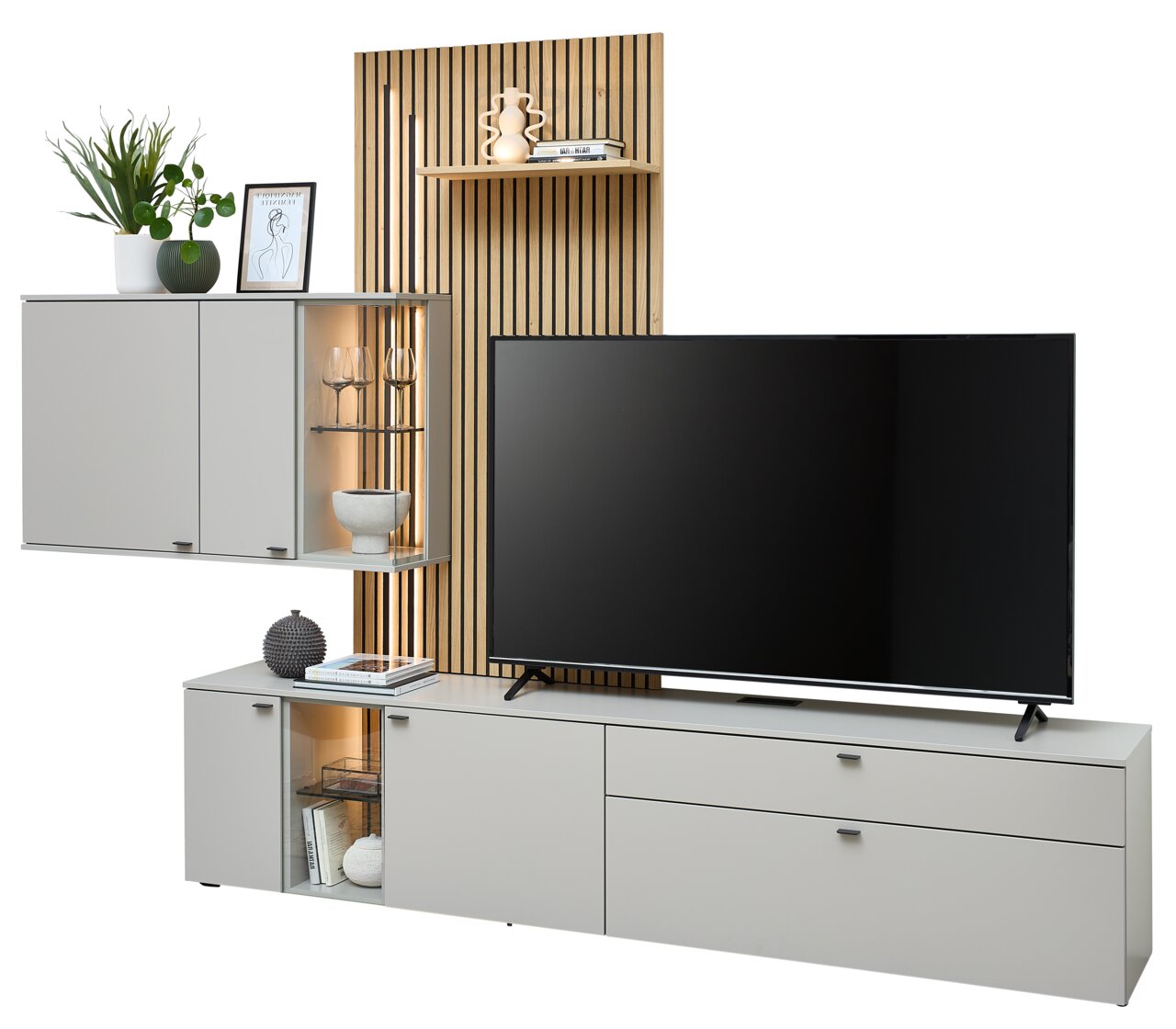 Venjakob Wandkombination VANYA Moderne Wandkombination mit grauen Schränken, Holzpaneel und integriertem Regal, frontal betrachtet.