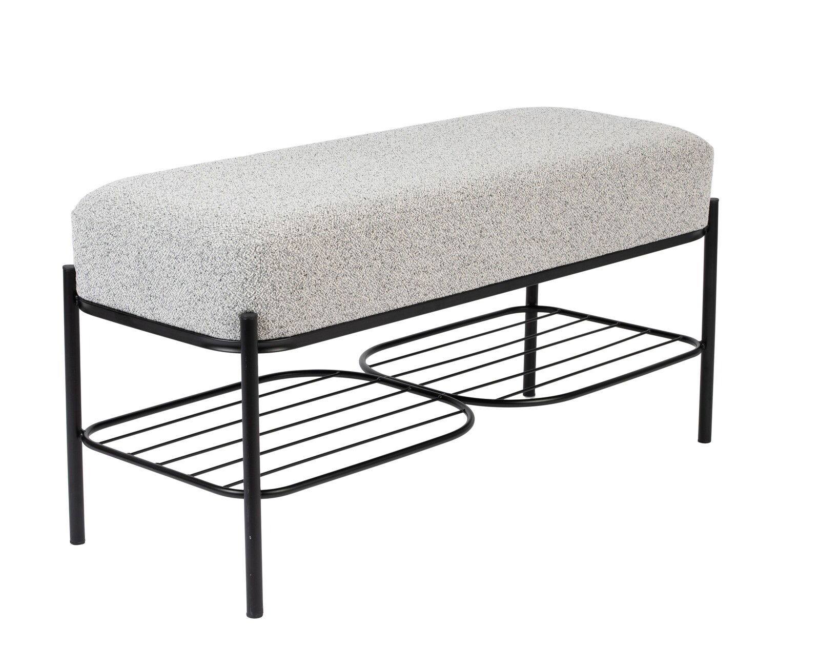 Graue Sitzbank mit schwarzem Metallgestell und zwei Ablagen, seitliche Perspektive