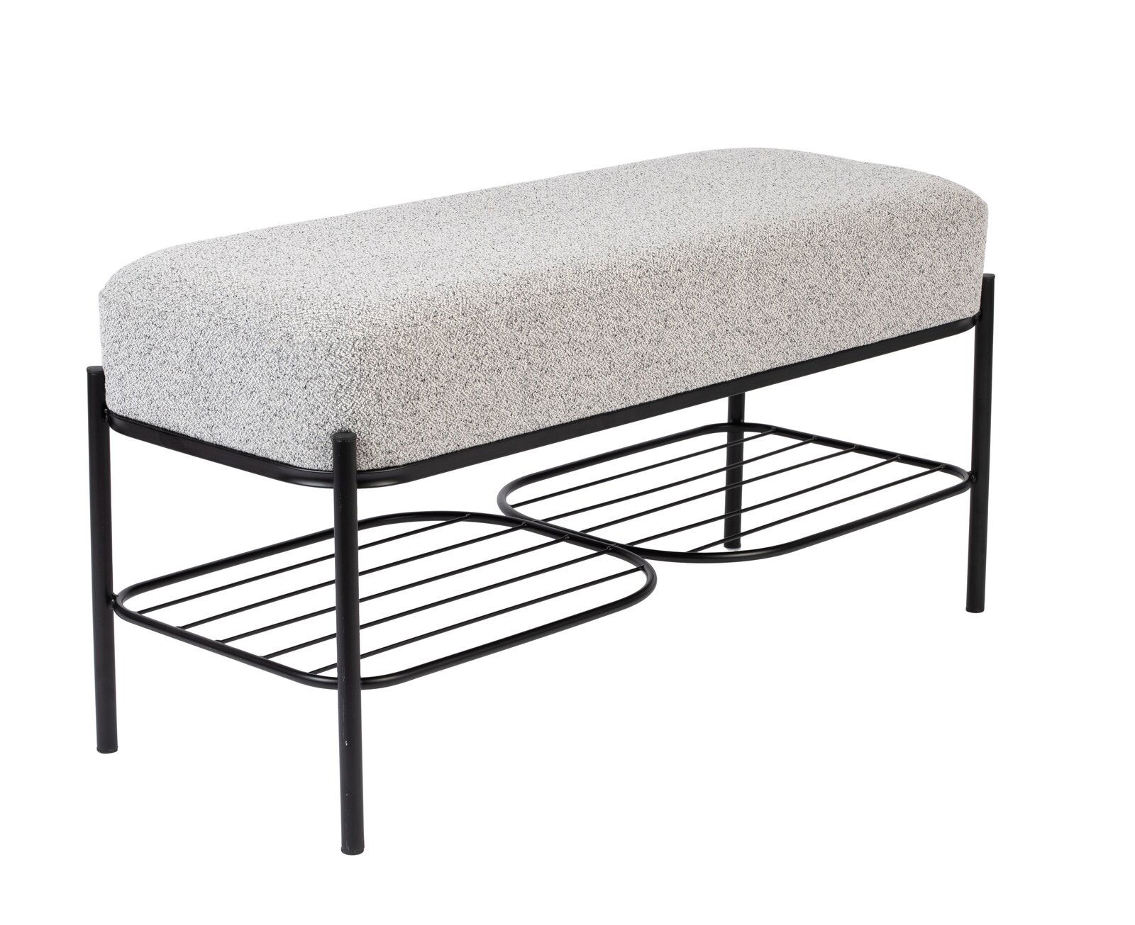 Graue Sitzbank mit schwarzem Metallgestell und zwei Ablagen, seitliche Perspektive