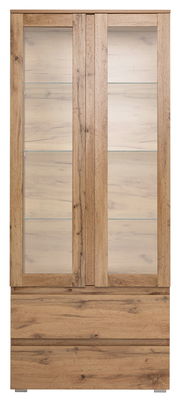 Vitrine aus Holz mit Glastüren, frontal fotografiert