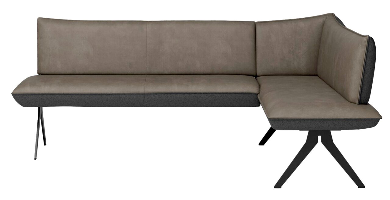 Moderne Eckbank in L-Form mit grauem Polster und schwarzen Metallbeinen, seitliche Perspektive