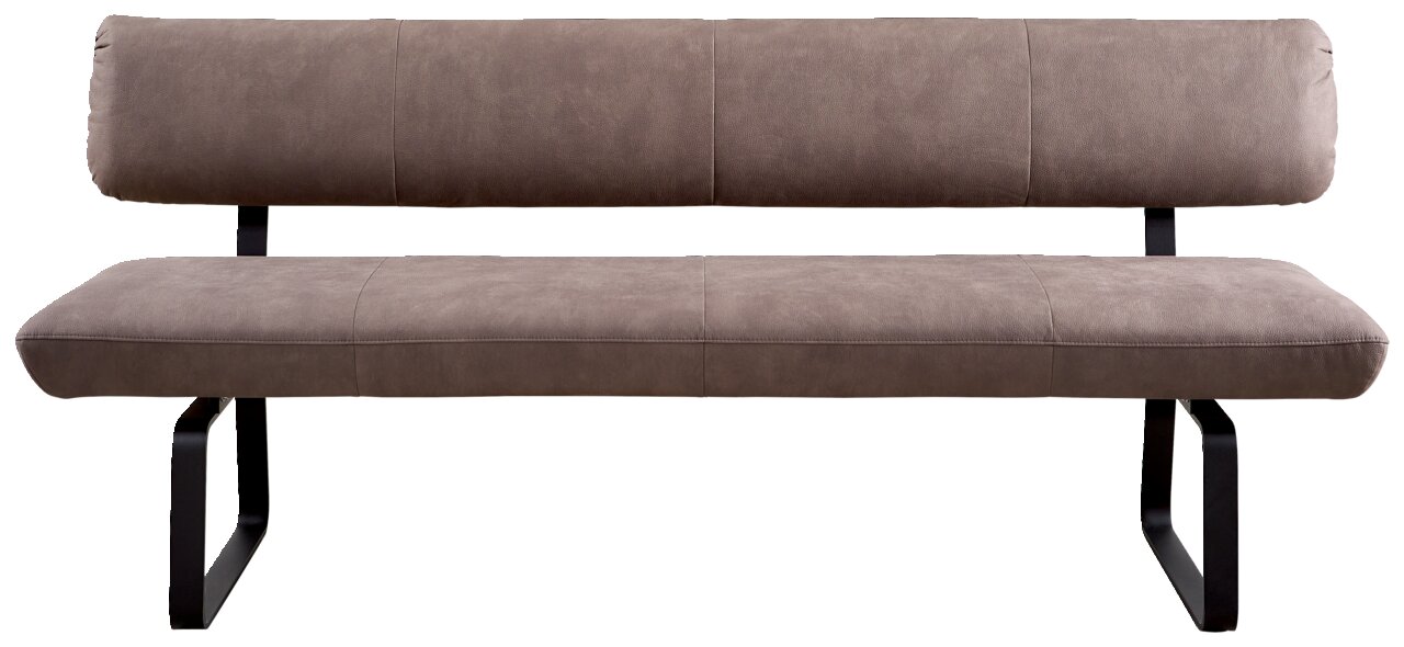 Venjakob Sitzbank 210cm P-7-IMPULS Frontale Ansicht einer modernen Sitzbank mit braunem Polster und schwarzen Metallbeinen.