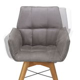 Grauer Armlehnenstuhl mit gepolstertem Sitz und Holzbeinen, Frontalansicht