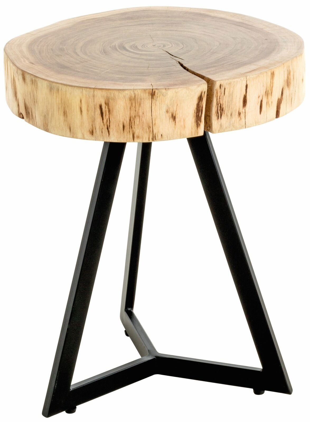 Runder Beistelltisch aus Holz mit natürlicher Baumstammoptik und schwarzem Metallgestell, seitliche Perspektive