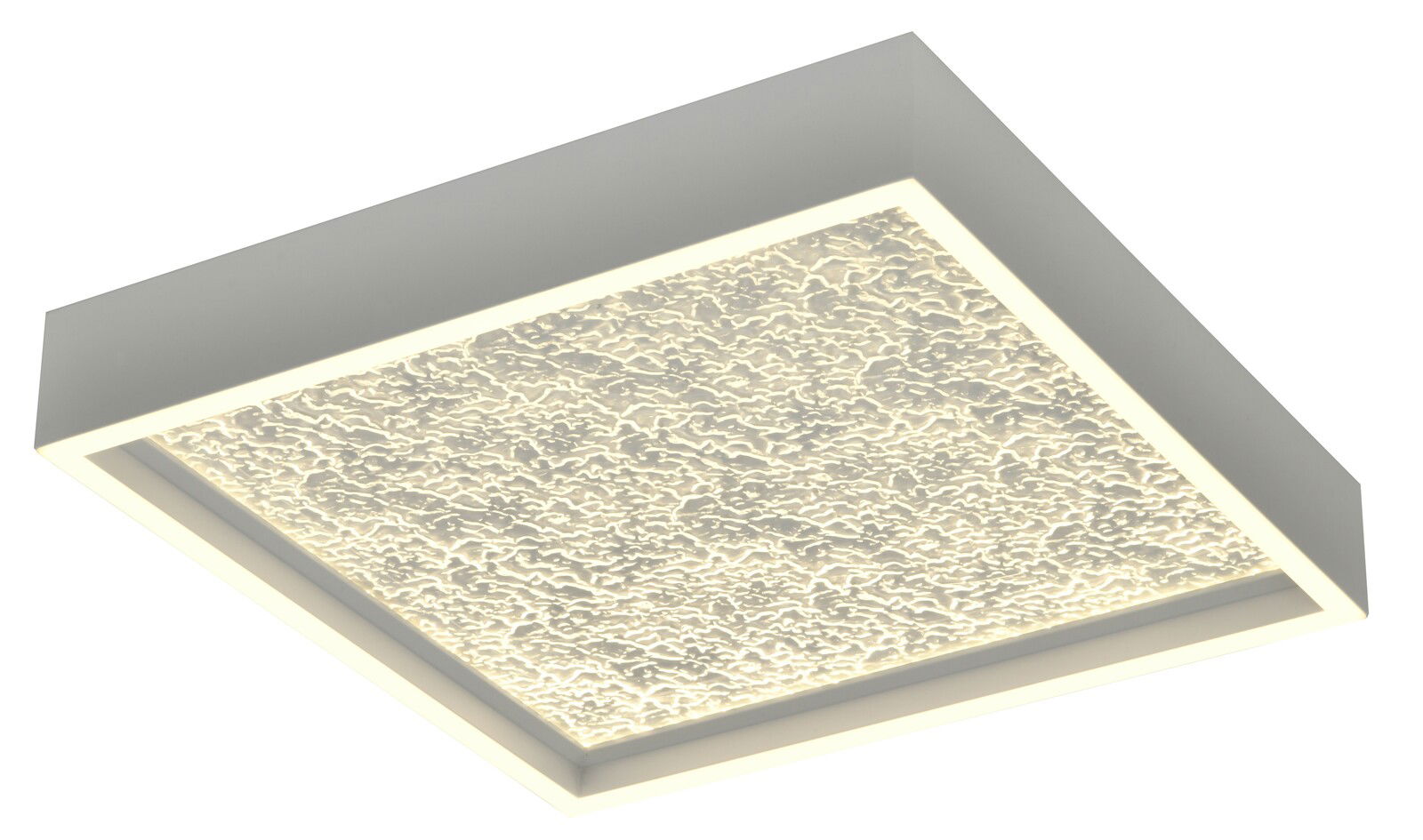 Quadratische LED-Deckenleuchte mit strukturierter Oberfläche, seitliche Perspektive