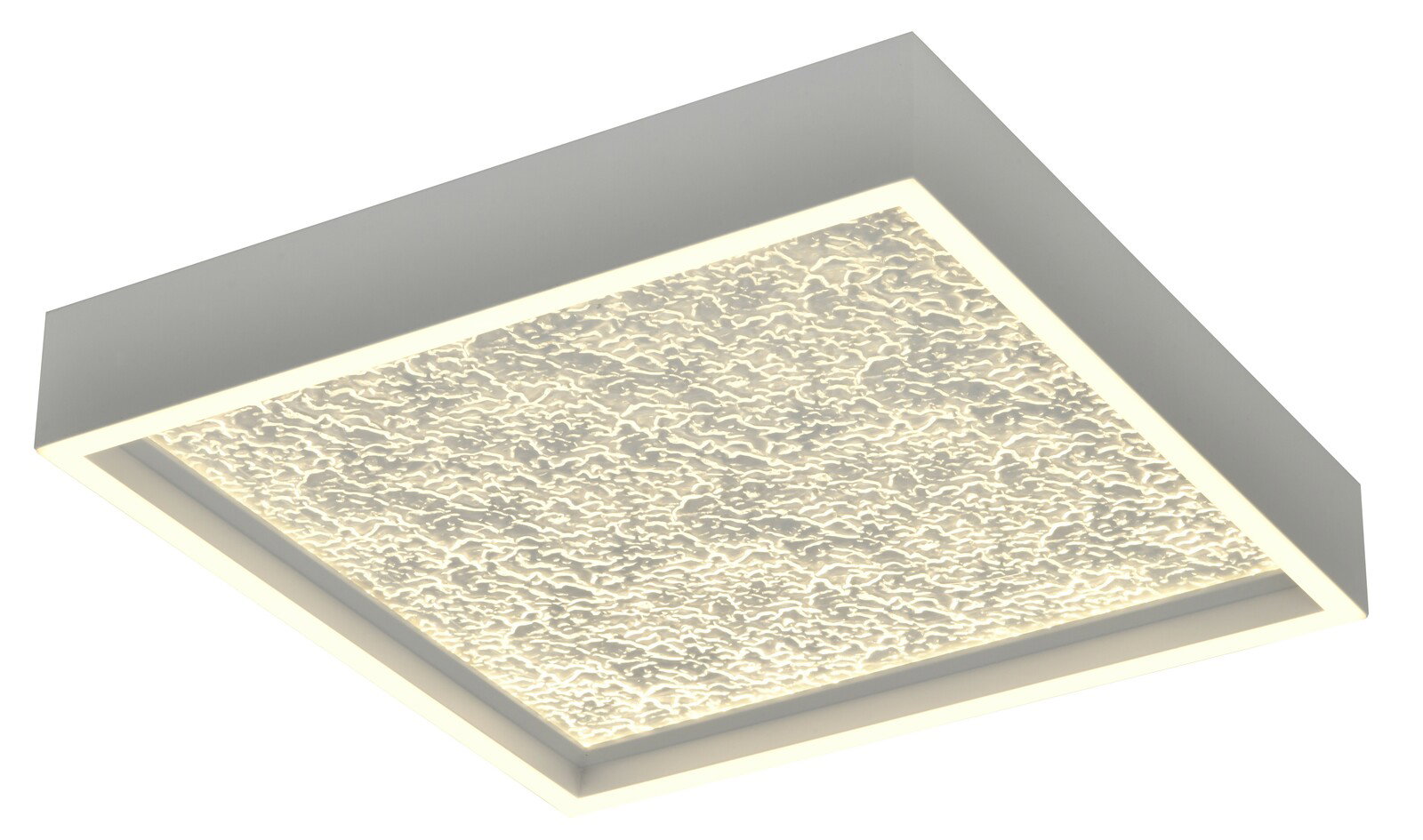 Quadratische LED-Deckenleuchte mit strukturierter Oberfläche, seitliche Perspektive
