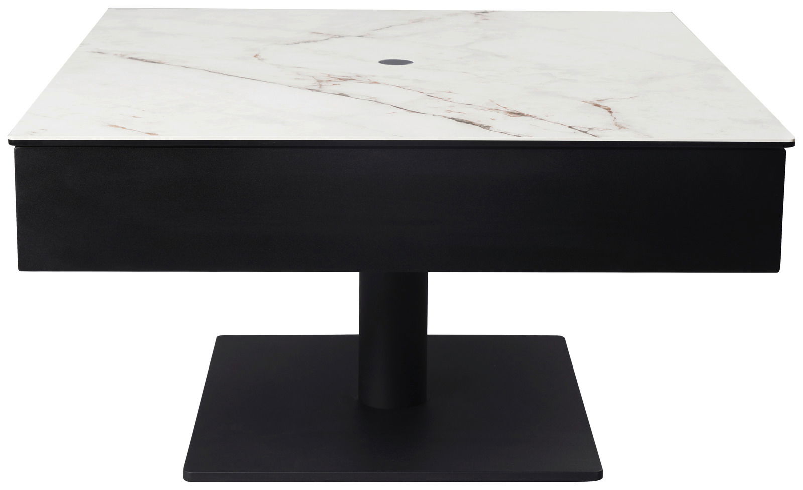 Moderner Couchtisch mit weißer Marmorplatte und schwarzem Sockel, Frontalansicht