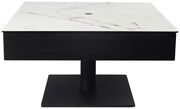Moderner Couchtisch mit weißer Marmorplatte und schwarzem Sockel, Frontalansicht
