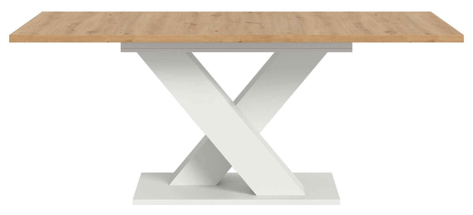 Moderner Esstisch mit Holztischplatte und weißem X-förmigem Gestell, Frontalansicht