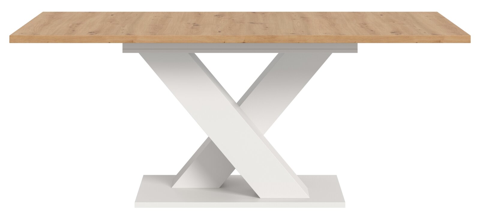Moderner Esstisch mit Holztischplatte und weißem X-förmigem Gestell, Frontalansicht