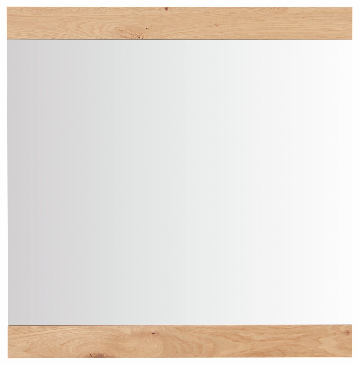 Rechteckiger Spiegel mit Holzrahmen oben und unten, Frontalansicht