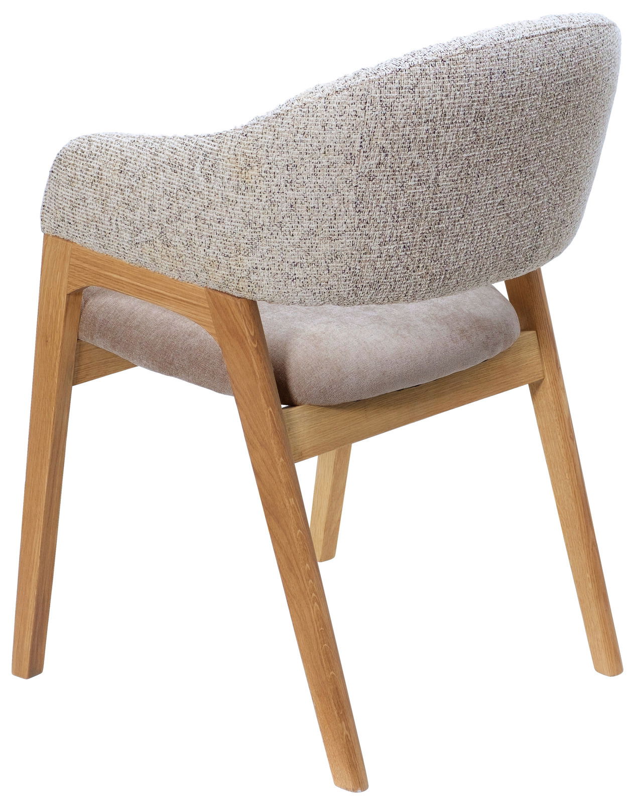 Rückansicht eines Armlehnstuhls mit Holzgestell und gepolsterter Rückenlehne in beige.