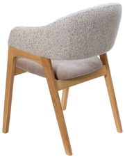 Rückansicht eines Armlehnstuhls mit Holzgestell und gepolsterter Rückenlehne in beige.