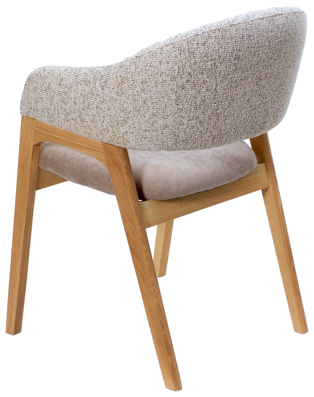 Achterkant van een fauteuil met houten frame en een beige gestoffeerde rugleuning.