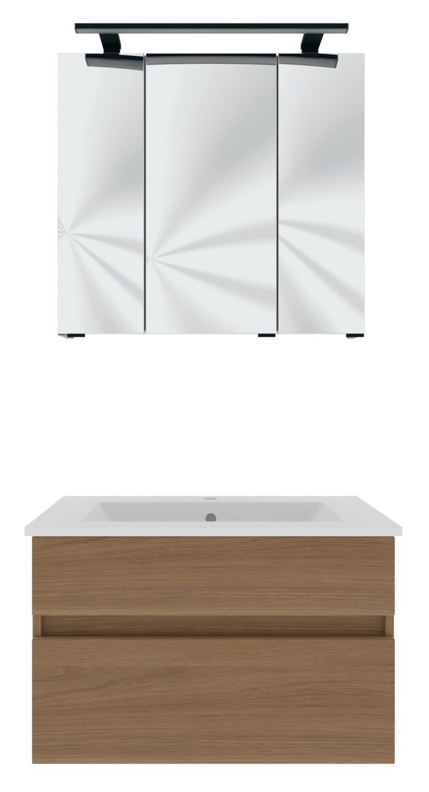 Novel Badblock NV.210 Frontale Ansicht eines modernen Badblocks mit einem Spiegelschrank und einem Waschbeckenunterschrank in Holzoptik.