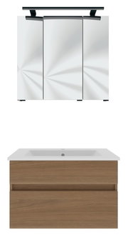 Frontale Ansicht eines modernen Badblocks mit einem Spiegelschrank und einem Waschbeckenunterschrank in Holzoptik.