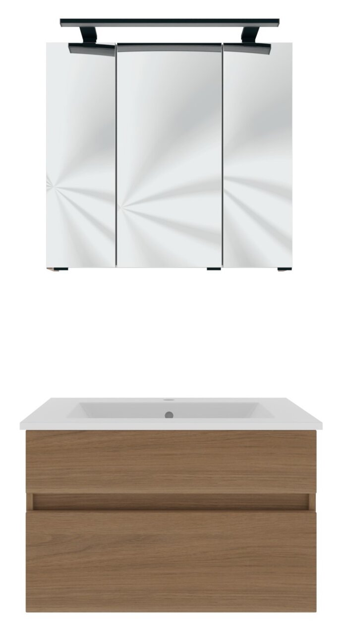 Vooraanzicht van een moderne badkamermeubelcombinatie met een spiegelkast en een wastafelonderkast in houtlook.