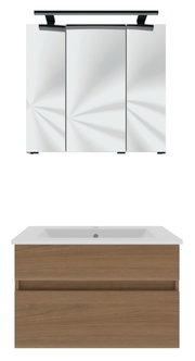 Vooraanzicht van een moderne badkamermeubelcombinatie met een spiegelkast en een wastafelonderkast in houtlook.