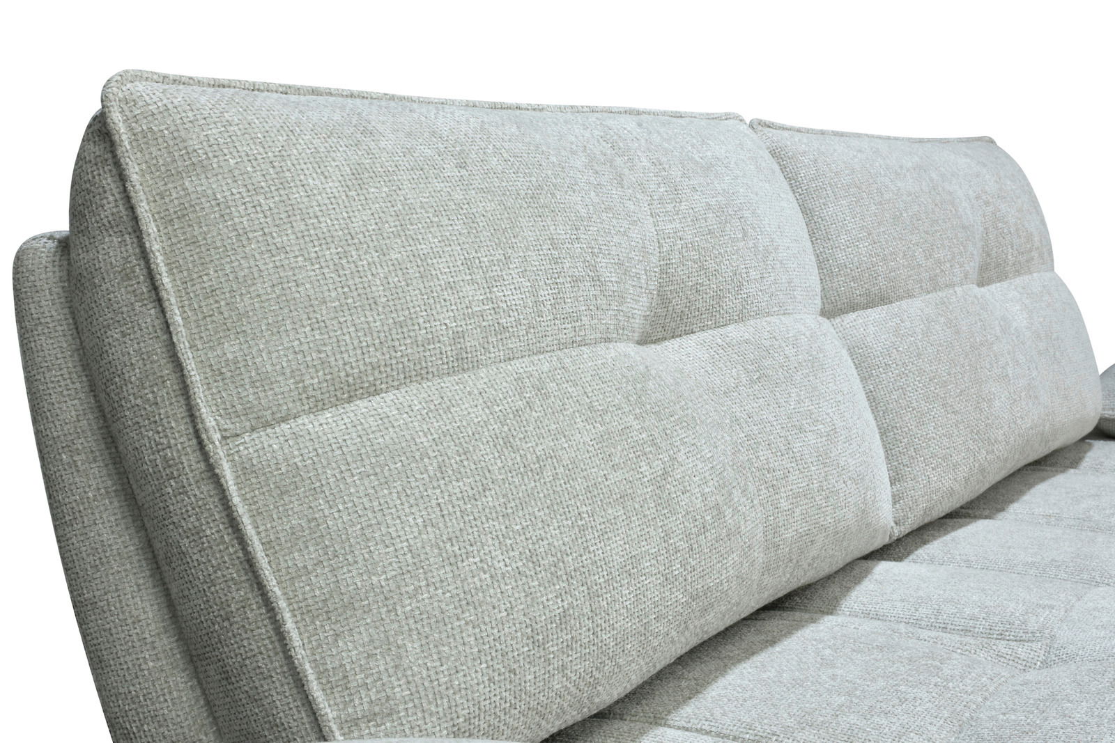 Nahaufnahme der Rückenlehne einer grauen Longchairkombination TOKIO mit strukturierter Stoffoberfläche, seitliche Perspektive.