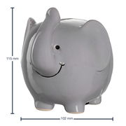 Graue Elefanten-Spardose aus Keramik, seitliche Perspektive, 12 cm hoch.
