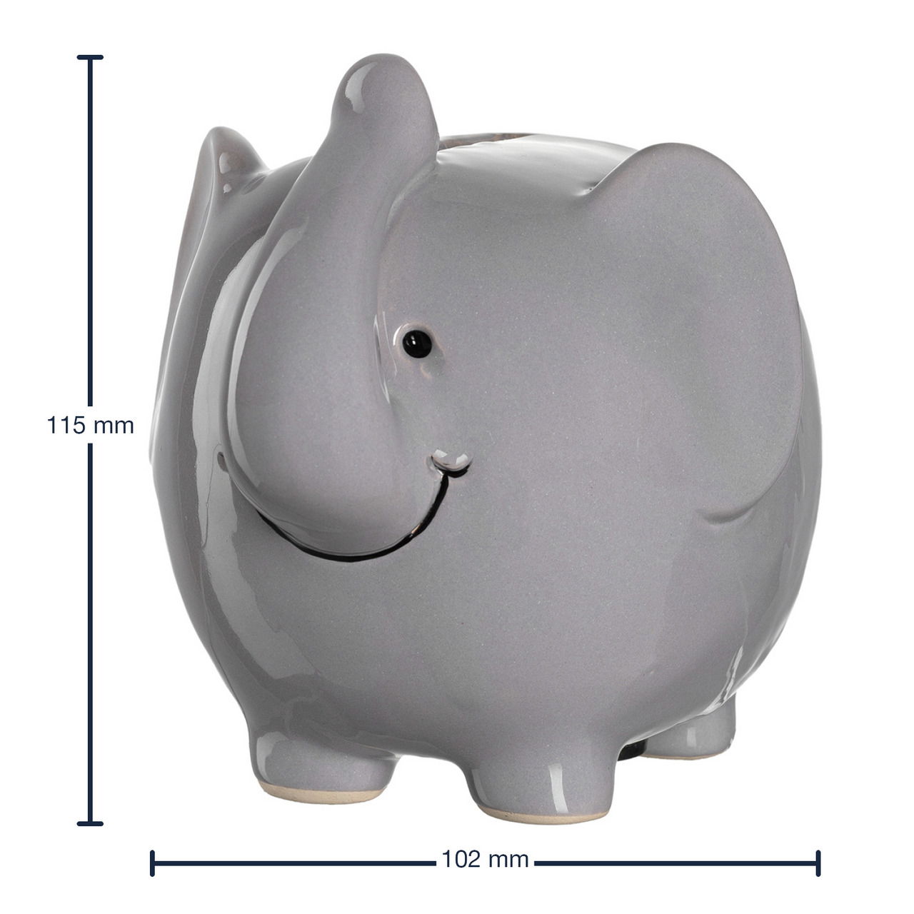Graue Elefanten-Spardose aus Keramik, seitliche Perspektive, 12 cm hoch.