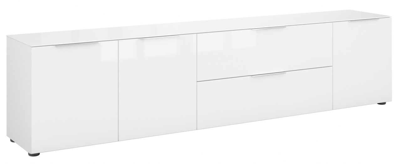 Novel XL-TV-Lowboard STYLE Weißes XL-TV-Lowboard mit mehreren Türen und Schubladen, seitliche Perspektive