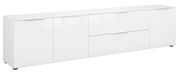 Weißes XL-TV-Lowboard mit mehreren Türen und Schubladen, seitliche Perspektive