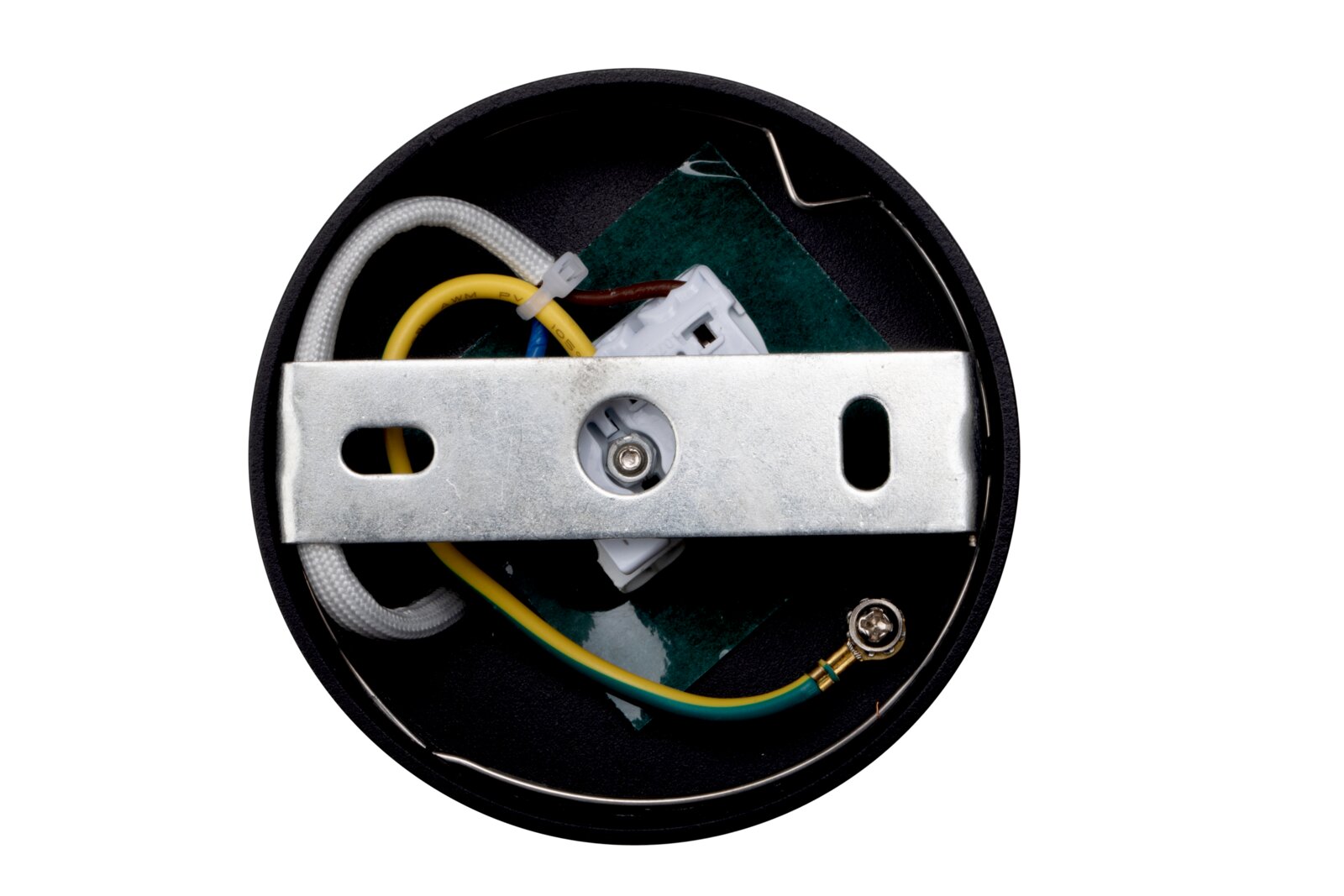 Achterkant van een led-spotkop met zichtbare bekabeling en metalen bevestiging.