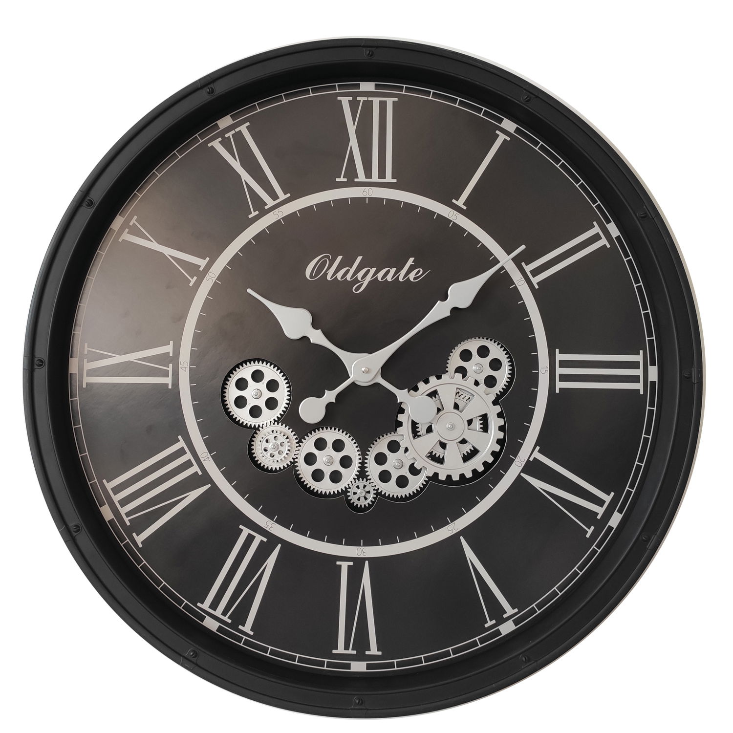 BHP Wanduhr Schwarze Wanduhr mit römischen Ziffern und sichtbaren Zahnrädern, frontal abgebildet.