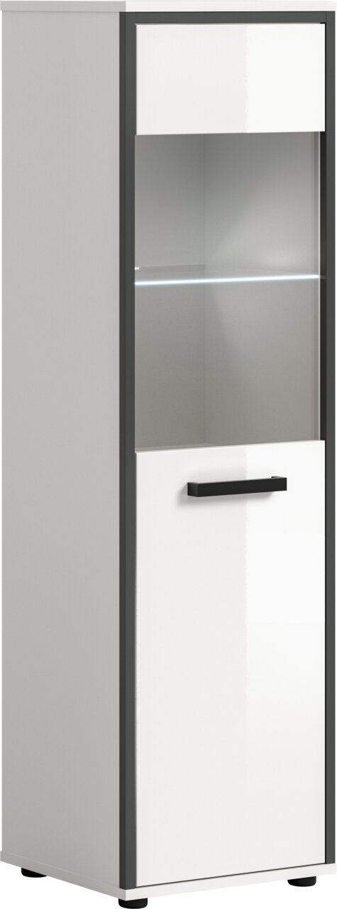 MID.YOU Badschrank KOJAK Hoher, schmaler Vitrinenschrank in Weiß mit grauem Korpus, Glastür und schwarzem Griff, mit LED-Lichtleiste im Inneren, frontal aus leicht seitlicher Perspektive
