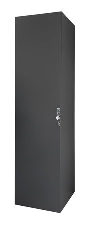 Schwarzer, abschließbarer Kleiderschrank aus Metall, frontal fotografiert.