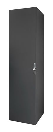 Schwarzer, abschließbarer Kleiderschrank aus Metall, frontal fotografiert.