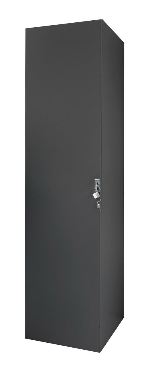 Schwarzer, abschließbarer Kleiderschrank aus Metall, frontal fotografiert.