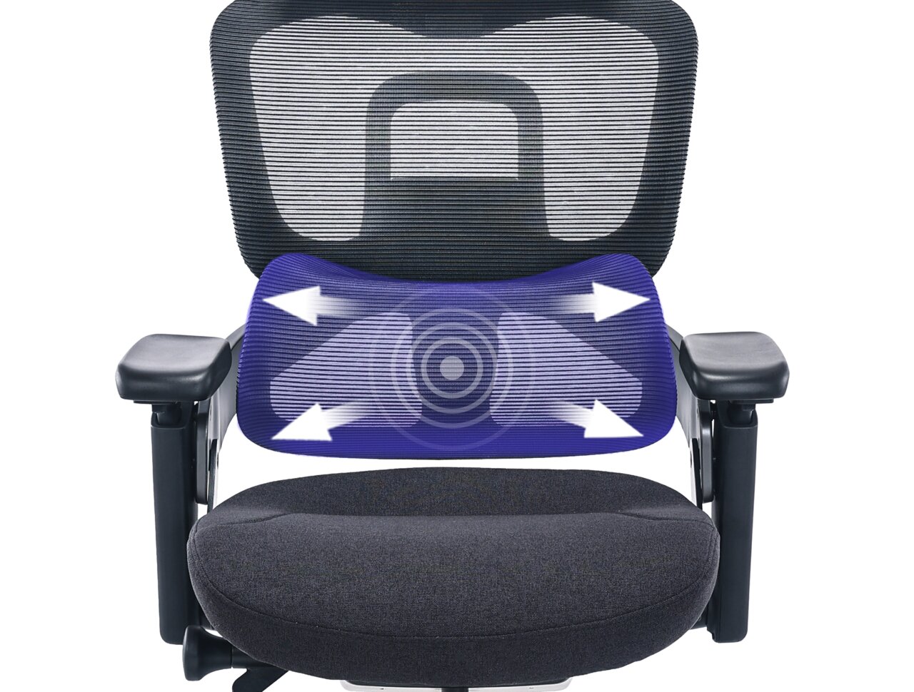Ergonomischer Drehstuhl mit Netzrückenlehne und gepolstertem Sitz, Vorderansicht