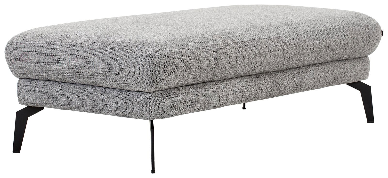 Grauer Hocker mit Stoffbezug und schwarzen Metallbeinen, seitliche Perspektive