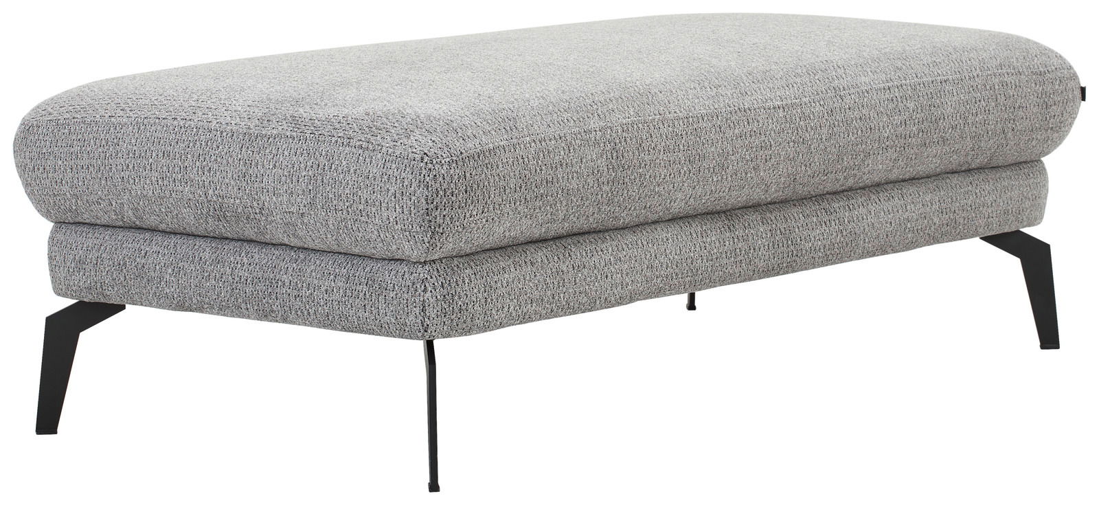 Grauer Hocker mit Stoffbezug und schwarzen Metallbeinen, seitliche Perspektive