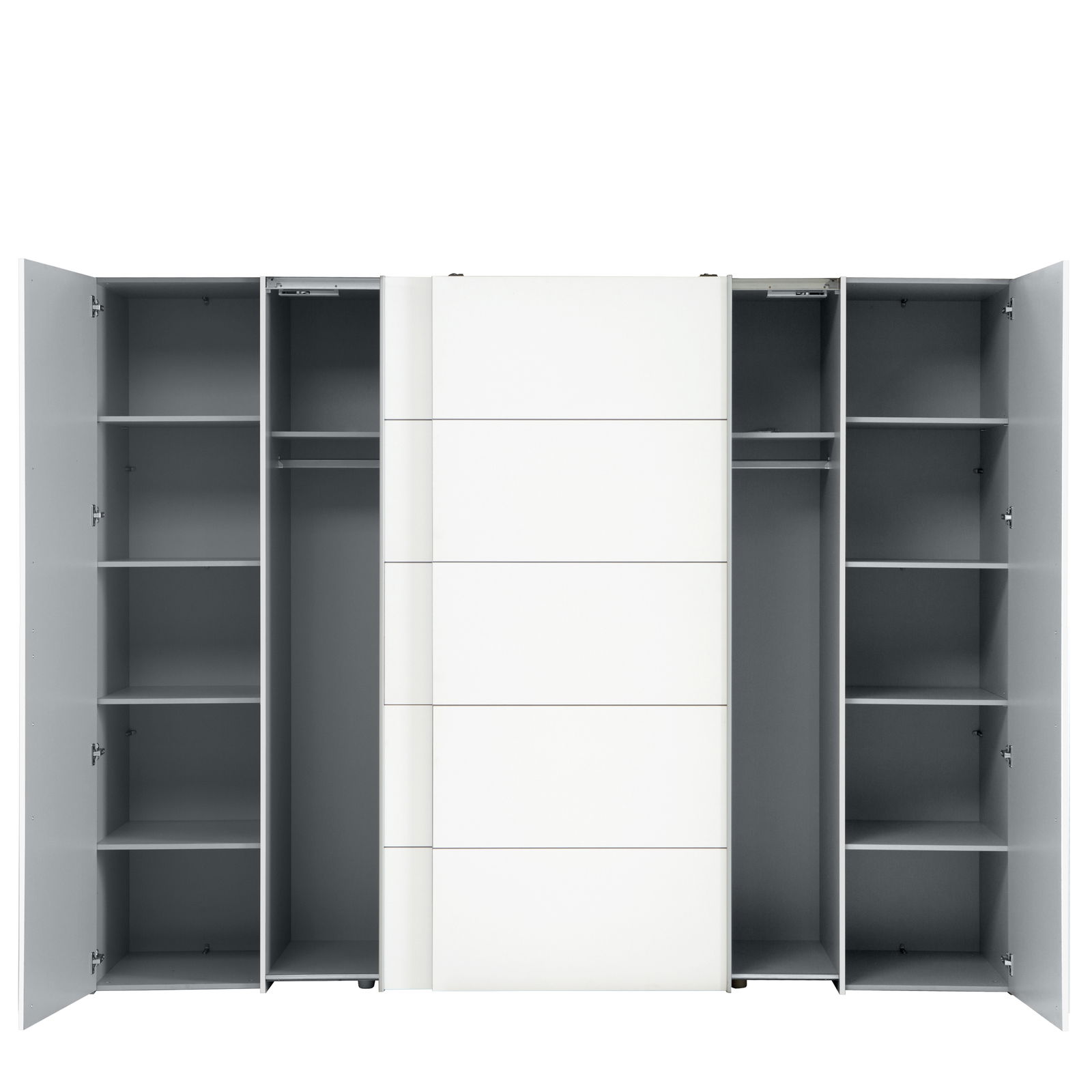 Dreh- und Schwebetürenschrank mit geöffneten Türen, zeigt Innenfächer und Kleiderstangen, Frontalansicht