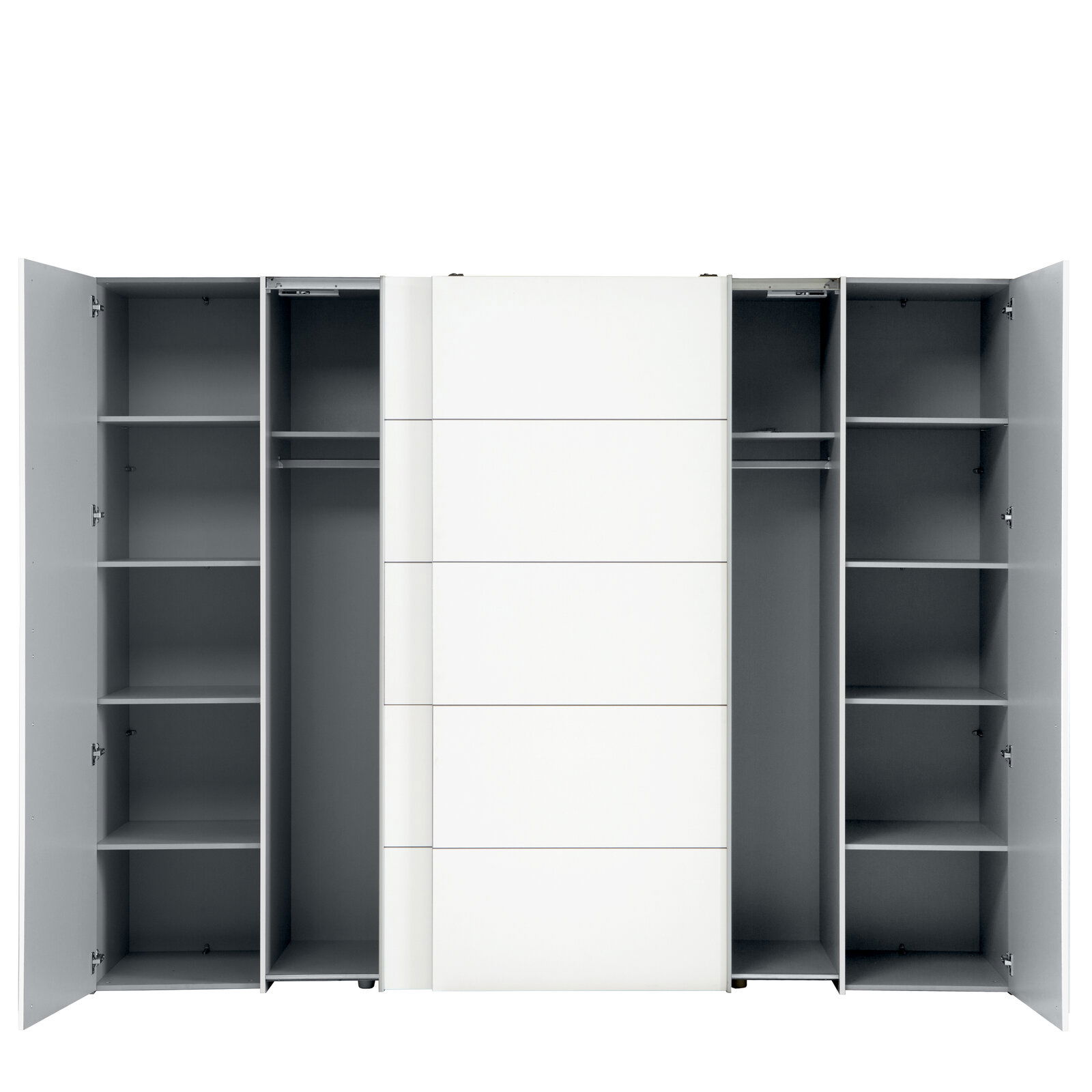 Dreh- und Schwebetürenschrank mit geöffneten Türen, zeigt Innenfächer und Kleiderstangen, Frontalansicht