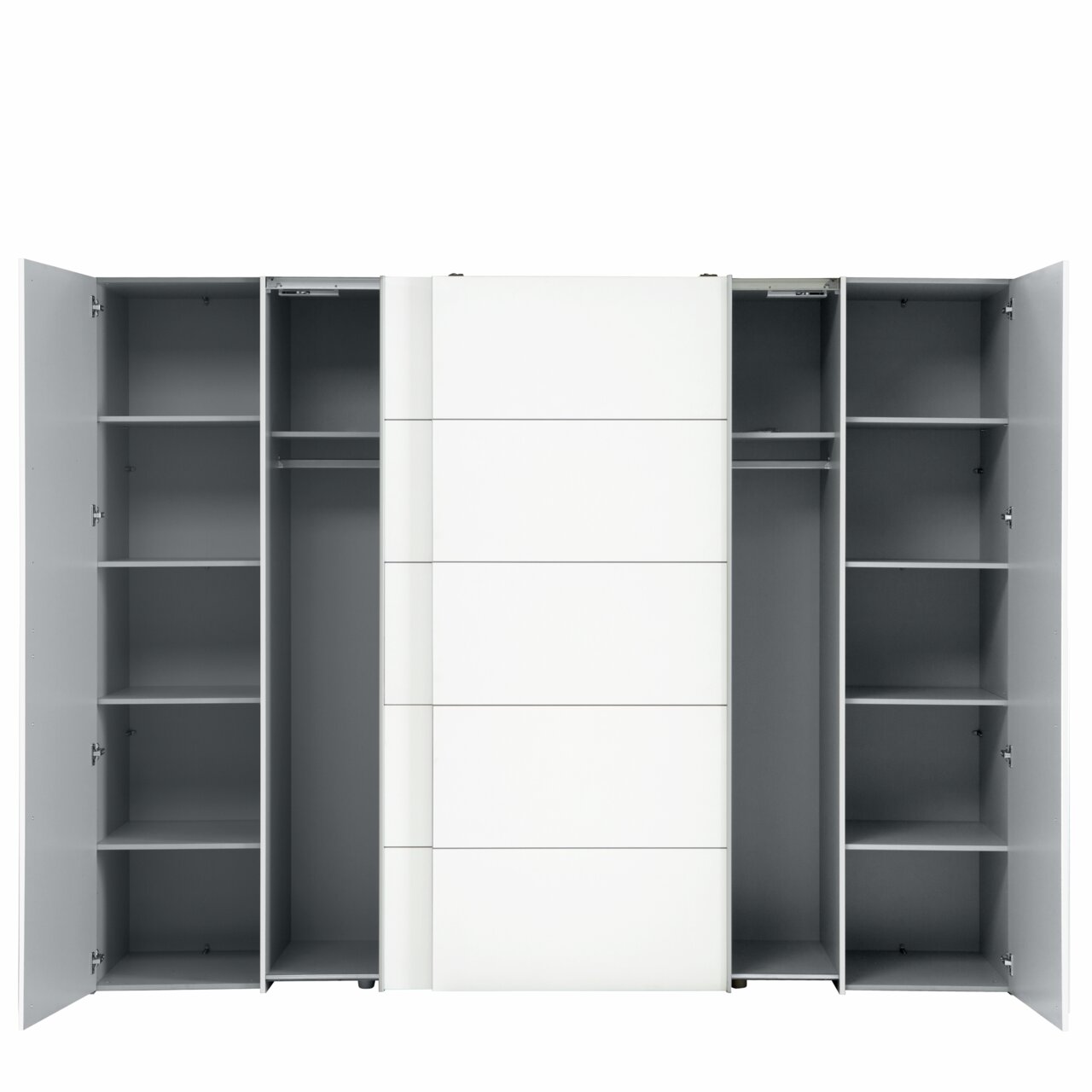 Dreh- und Schwebetürenschrank mit geöffneten Türen, zeigt Innenfächer und Kleiderstangen, Frontalansicht