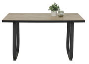 Moderner Esstisch mit Holzplatte und schwarzen Metallbeinen, frontal fotografiert. Dekoriert mit einer kleinen Pflanze und einem Glasgefäß.