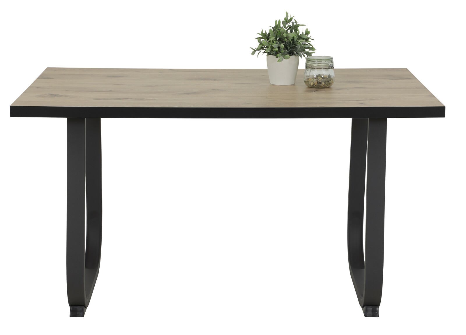 Moderner Esstisch mit Holzplatte und schwarzen Metallbeinen, frontal fotografiert. Dekoriert mit einer kleinen Pflanze und einem Glasgefäß.
