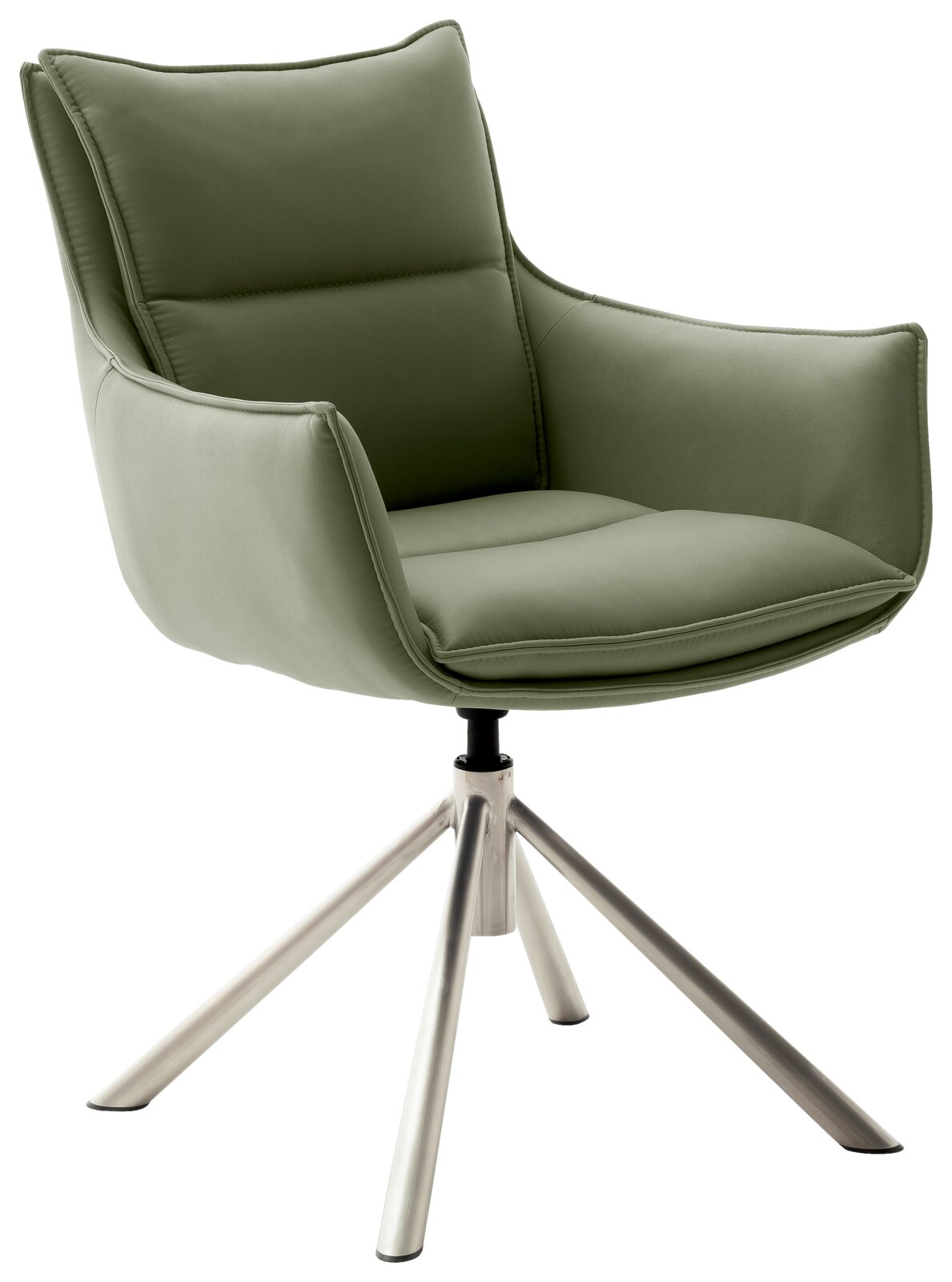 Moderner grüner Sessel mit gepolstertem Sitz und Rückenlehne, auf einem stabilen Metallgestell, seitliche Perspektive.