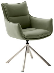 Moderner grüner Sessel mit gepolstertem Sitz und Rückenlehne, auf einem stabilen Metallgestell, seitliche Perspektive.